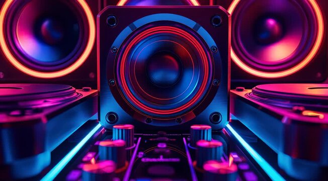 Close-up of DJ equipment and speakers with vibrant neon lighting in a dark room, highlighting the controls, knobs, and speakers.