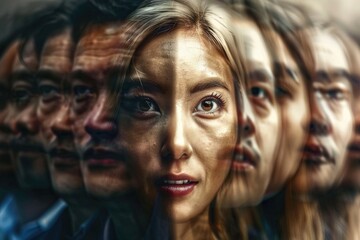 A close-up portrait of a woman with multiple faces superimposed over her own, creating a sense of layered identity and inner conflict