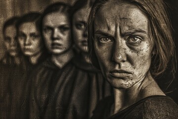 A young woman with a determined look stares out of the frame, her face etched with the trials of life
