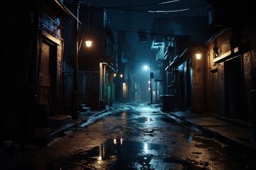 Back street alley with old city houses in rain at night, Empty dark alleyway
