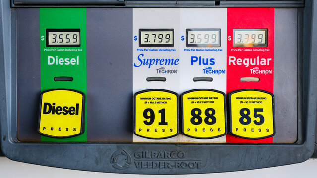 Provo, UT, USA - June 10, 2024; Gasoline octane rating sign on pump with high altitude approved 85 grade in Utah