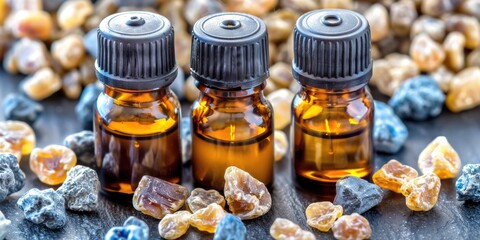 Three amber essential oil bottles sit amongst amber resin stones, showcasing the natural source of the fragrance