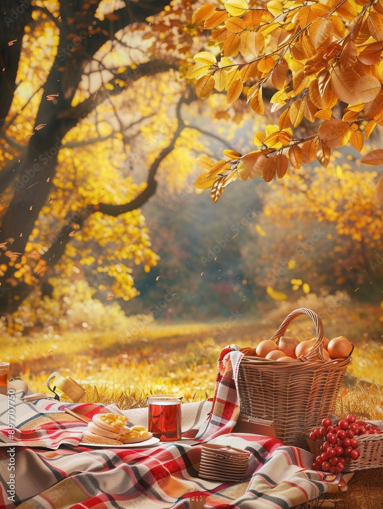 Poster picnic blanket with red checkered pattern laid out in forest. includes food and drinks on a sunny au
