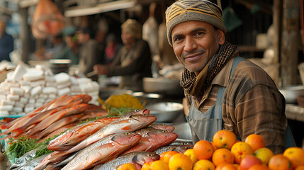 Obraz premium Fisherman selling fresh fish at a market 