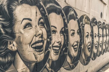 Naklejka premium A row of smiling women are painted on a concrete wall, their expressions full of joy and optimism