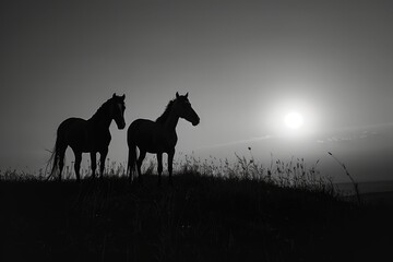 Fototapeta premium Two horses stand on a hilltop, silhouetted against a glowing sunset