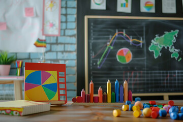 graphs and charts on blackboard in the classroom. math fractions. back to school background. AI Generated