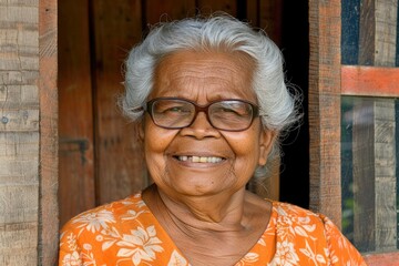 An elderly woman with grey hair and a bright smile peeks through a window, her weathered face illuminated by the light streaming in