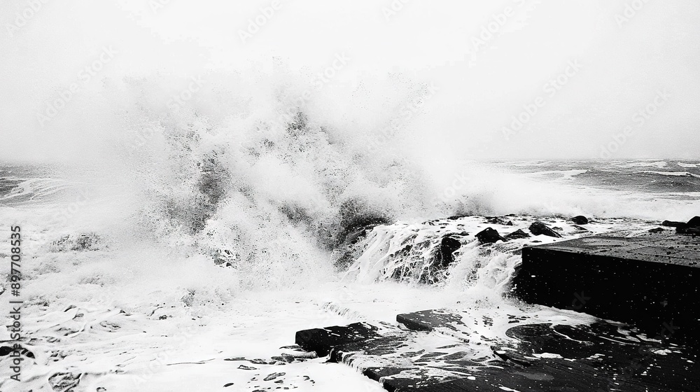 Canvas Prints   Photo of a large wave crashing on a rocky shore by the sea