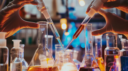 hands conducting experiments in a chemistry lab