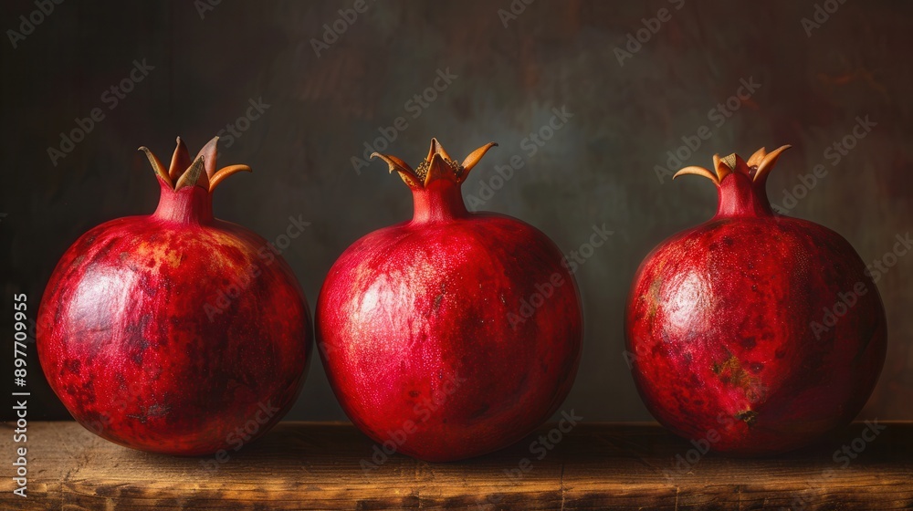 Poster Three ripe pomegranates with visible seeds are arranged in a row on a rustic wooden surface.