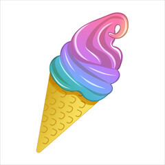 Colourful vector illustration of delicious rainbow ice cream in a waffle cone on a white background