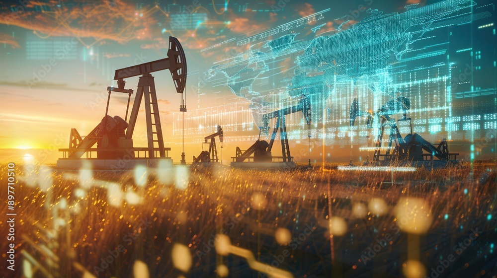 Aufkleber oil pumps in a field at sunset with a digital screen overlay showing financial charts and a map of t