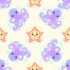 Children's seamless pattern with cute smiling octopus and starfish on a light background. Vector illustration