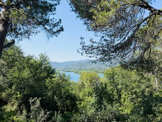 View of the lake from above the mountain.
