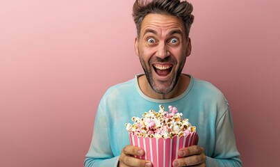 Cheerful Man Holding Bucket of Popcorn with a Smile