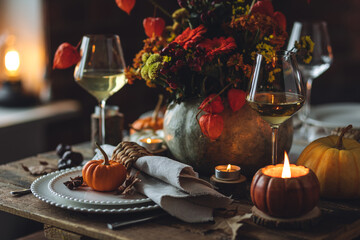 Fall table decoration with pumpkins, wine. Family cozy thanksgiving dinner arrangement indoors at...