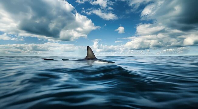 Ocean view with a large shark fin cutting through the water surface under a cloudy sky, creating a sense of danger and marine wildlife.