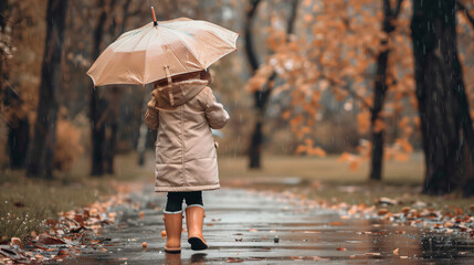 Obraz premium Kid strolling with an umbrella in a park on a rainy autumn day