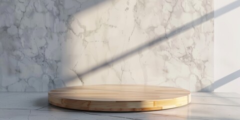 Kitchen podium background food product stand table pedestal display wooden platform. Empty podium counter wood background kitchen board desk restaurant top white light marble presentation interior