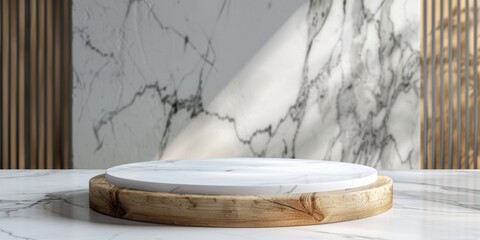 Kitchen podium background food product stand table pedestal display wooden platform. Empty podium counter wood background kitchen board desk restaurant top white light marble presentation interior