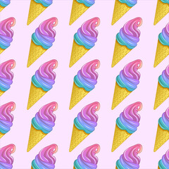 Vector seamless pattern of colorful ice cream cones on a pastel pink background. 