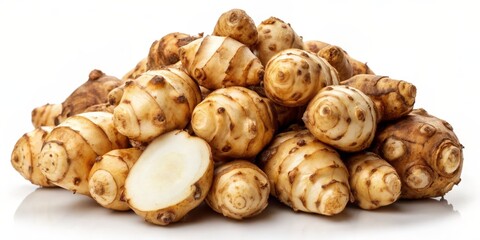 Jerusalem Artichoke Pile Isolated On White Background, vegetable , root vegetable , culinary , tuber