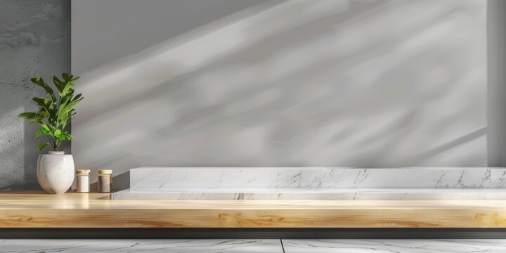 Kitchen podium background food product stand table pedestal display wooden platform. Empty podium counter wood background kitchen board desk restaurant top white light marble presentation interior