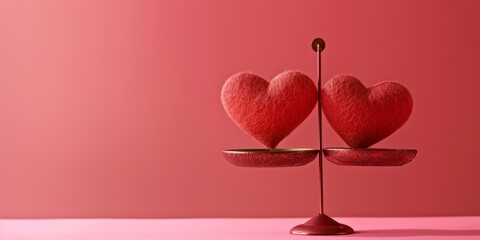 Love in balance illustrated by two hearts on a scale for Valentine's day with pink background, with copy space
