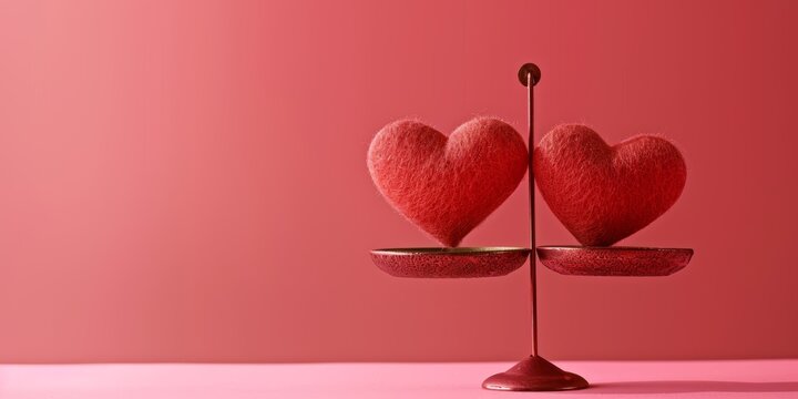 Love in balance illustrated by two hearts on a scale for Valentine's day with pink background, with copy space