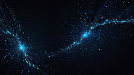 Fototapeta premium The image is a dark, abstract background with bright blue, swirling patterns and glowing orbs. It has a futuristic and energetic feel.