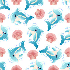 Fototapeta premium Children's seamless pattern with cute smiling dolphin with bubbles and shell on a white background. Vector illustration