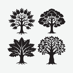 Vector silhouette set of trees representing all seasons with leaves, branches, and natural elements in a decorative, artistic style