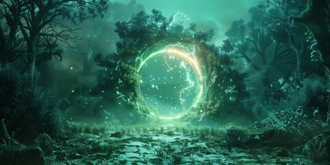 Magic portal door in fantasy forest game world background. Green neon gate light in futuristic enchanted mirror