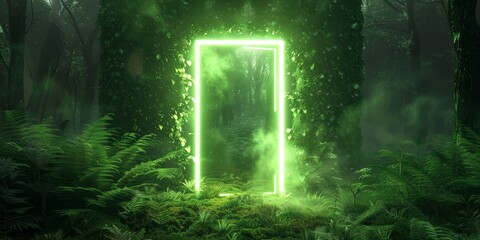 Magic portal door in fantasy forest game world background. Green neon gate light in futuristic enchanted mirror, with copy space