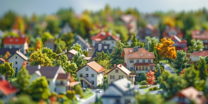 Modern generic contemporary style miniature illustration of houses and trees of a landscaped neighborhood model with tilt-shift focus technique, with copy space