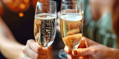People holding glasses of champagne making a toast. Champagne with blurred background, with copy space