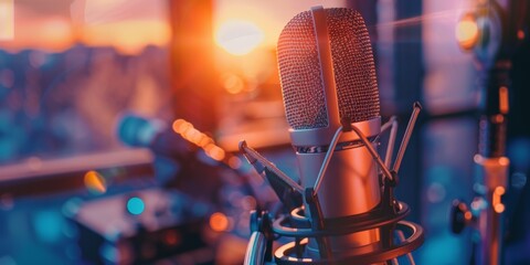 Podcast Paraphernalia: Microphone and headphones, audio and immersive, sunset, still life, digital color, mirrorless, tonal depth