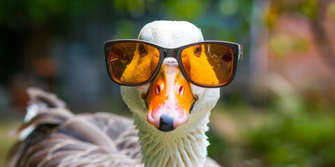 Portrait of a funny goose in sunglasses