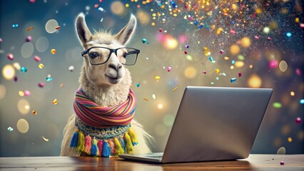 Llama in Glasses Working on Laptop with Confetti, llama , computer , confetti , animal