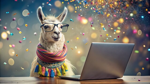 Llama in Glasses Working on Laptop with Confetti, llama , computer , confetti , animal