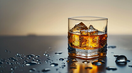 Whiskey with ice in glass on dark background, perfect for a bar scene or a luxury evening event.