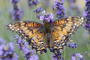 Obraz premium Close-up of a beautiful butterfly on lavender flowers, showcasing intricate wing patterns and vibrant colors in a natural setting.