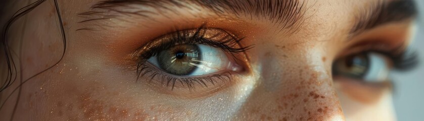 Naklejka premium Close-up of a woman's eye showcasing unique colors, intricate details, and captivating expression against a blurred background.