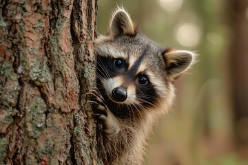 Obraz premium Curious raccoon peeking from behind a tree in a forest, showcasing its adorable face and natural habitat.