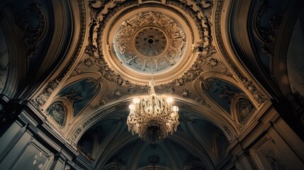 Obraz premium Ornate Victorian ceiling with intricate plasterwork and a central chandelier