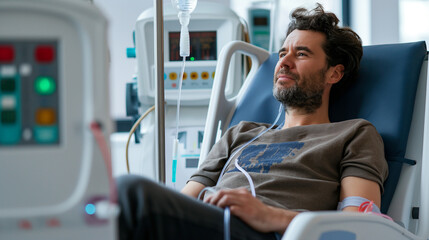 Patient undergoing dialysis in a modern facility, with attentive care and advanced machines, highlighting life-saving treatment, bottom third copy space