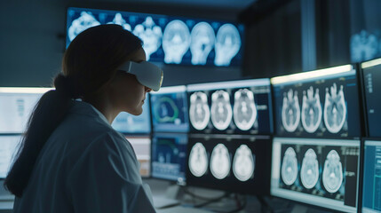 Radiologist using AI to enhance diagnostic accuracy, symbolizing innovation and trust in technology, left third copy space