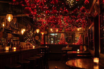 A New York Irish pub decorated for Christmas, covered in red lights and decorations, with an array...