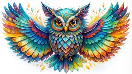 Obraz premium Owl with Colorful Feathers, Watercolor Painting, Bird, Animal, Wildlife, Art